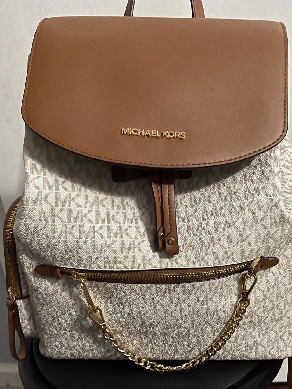 Michael Kors Cream MK Monogram Backpack with Brown Leather Flap